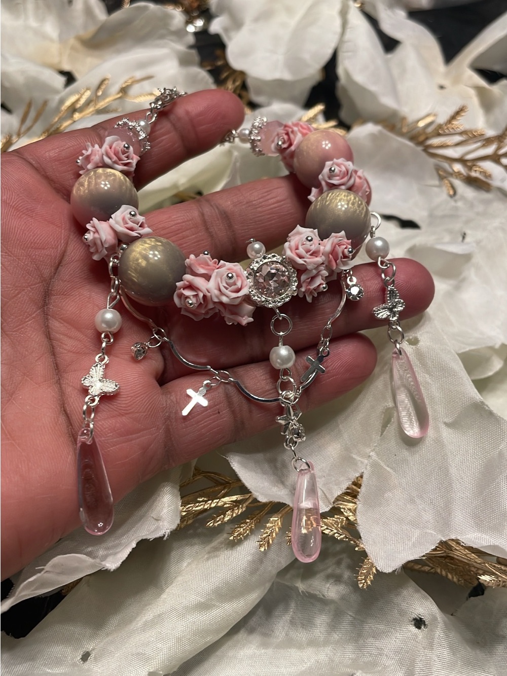 Handmade Pink Floral Bead Bracelet with Silver Charms